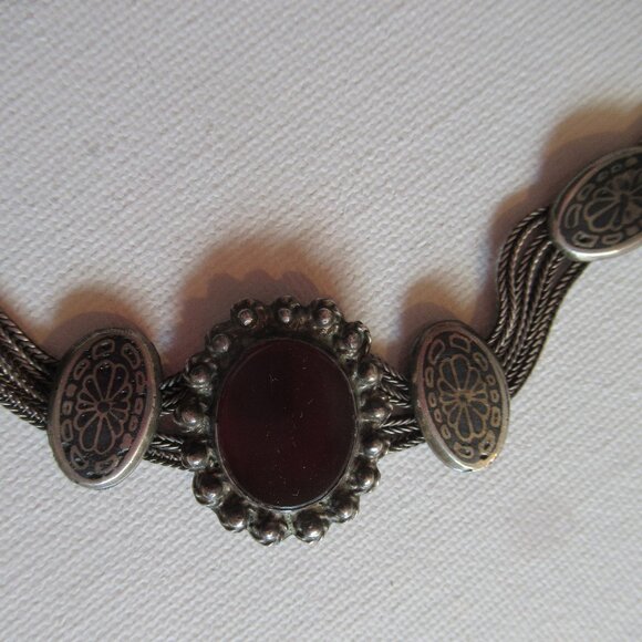 Deep Red Carnelian, 900 Silver 4 - Strand Chain Bracelet, Antique/Vintage - Picture 5 of 15